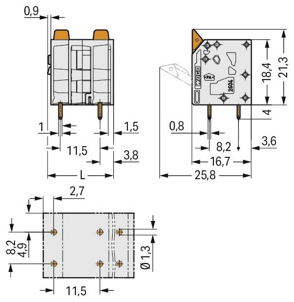 Technický diagram elektronické součástky s rozměry: 11,5 x 25,8 mm, výška 21,3 mm a uvedenými vzdálenostmi kolíků. Jsou zahrnuty boční pohledy.