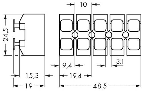 Technický diagram zobrazující rozměry elektrického konektoru s měřeními: 24,5mm výška, 48,5mm délka, 10mm šířka a různé menší segmenty.
