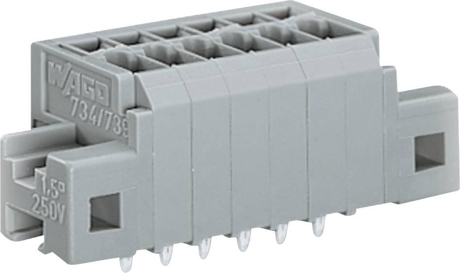 Šedý svorkovnicový blok s více připojovacími body, označený 'WAGO 734/739', podporující napětí až do 250V.
