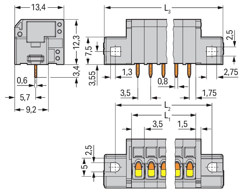Technický diagram elektrického konektoru zobrazující přední a boční pohledy s rozměry v milimetrech, podrobně popisující rozteč kolíků a velikost součástky.