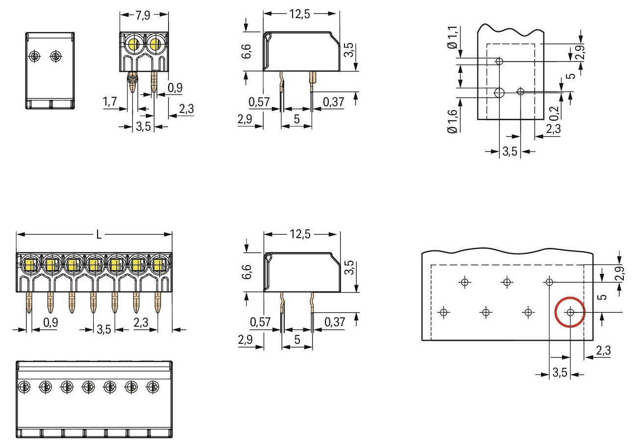 Technický diagram elektrické součástky s rozměry: více pohledů ukazuje měření šířky, rozteče a detaily rozložení kolíků.