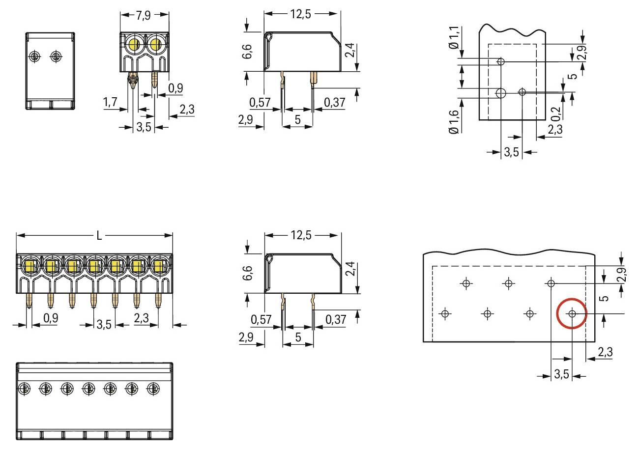 Technické diagramy ukazující rozměry a konfiguraci elektronických součástek, včetně pohledů z boku a shora, měření a rozvržení vývodů.