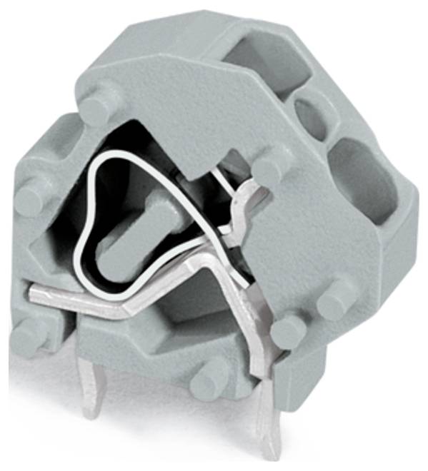 Šedý elektrický svorkovnice s více spojovacími body a bezpečným zámkovacím mechanismem, používaný pro organizaci a propojování kabelů.