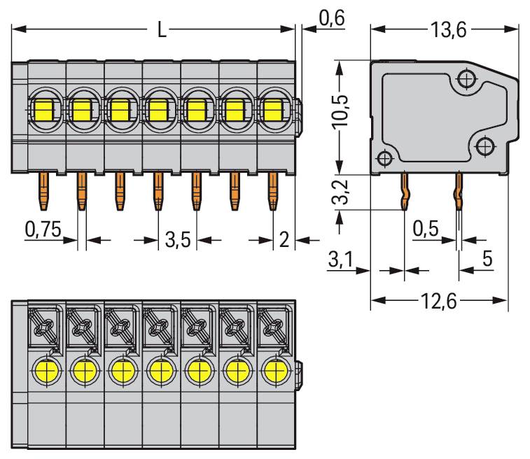 Bílý, obdélníkový elektrický konektor se čtyřmi otvory, určený pro jednoduché, bezinstrumentální připojování vodičů.