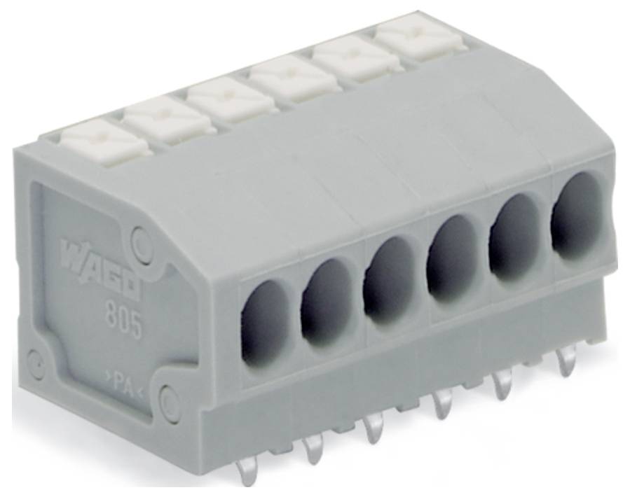 Šedý elektrický svorkový blok se šesti otvory pro vodiče a kovovými kolíky pro připojení k desce s plošnými spoji.