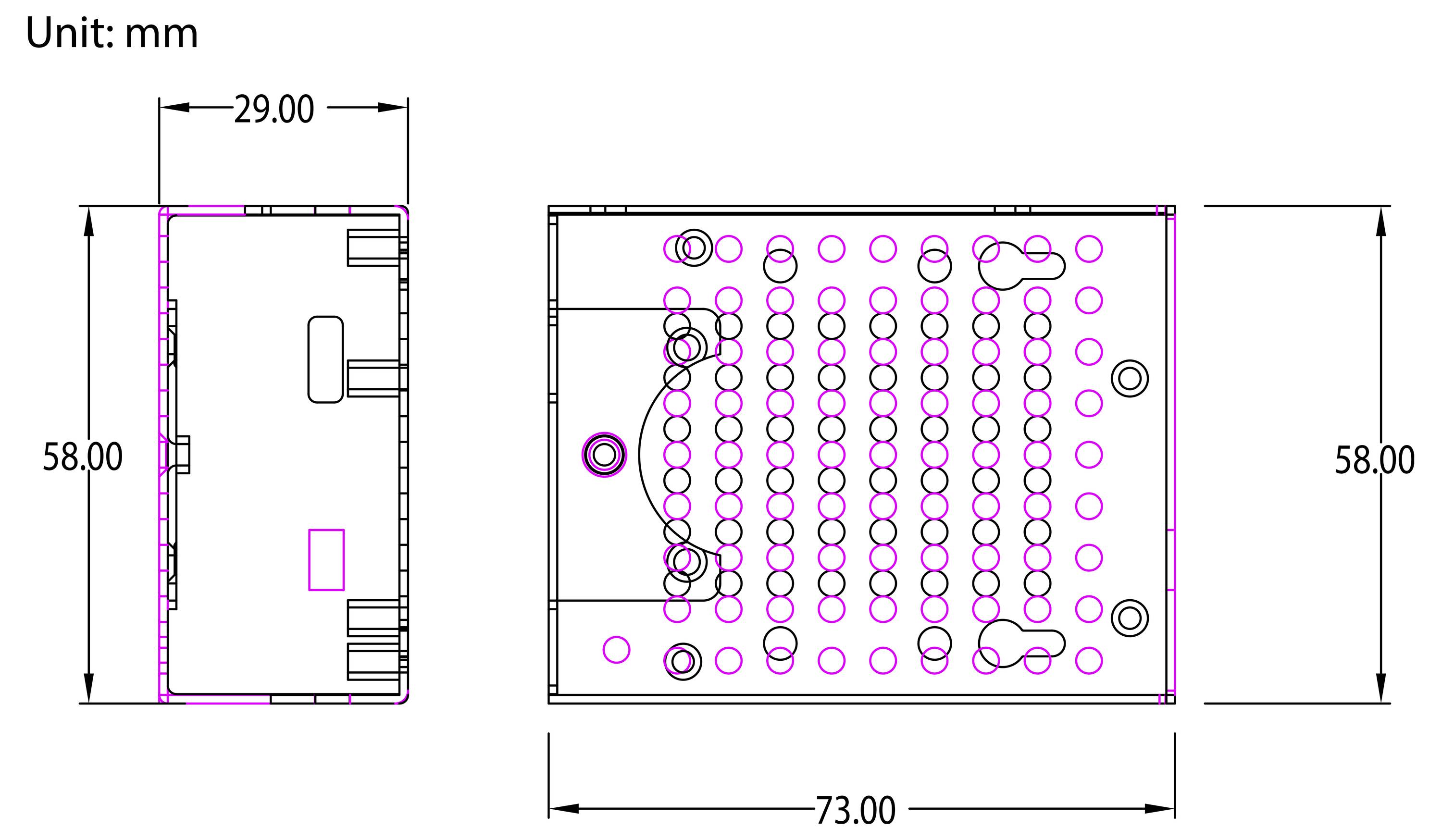 Diagram pouzdra elektronické desky s rozměry: výška 58 mm, šířka 73 mm, hloubka 29 mm.