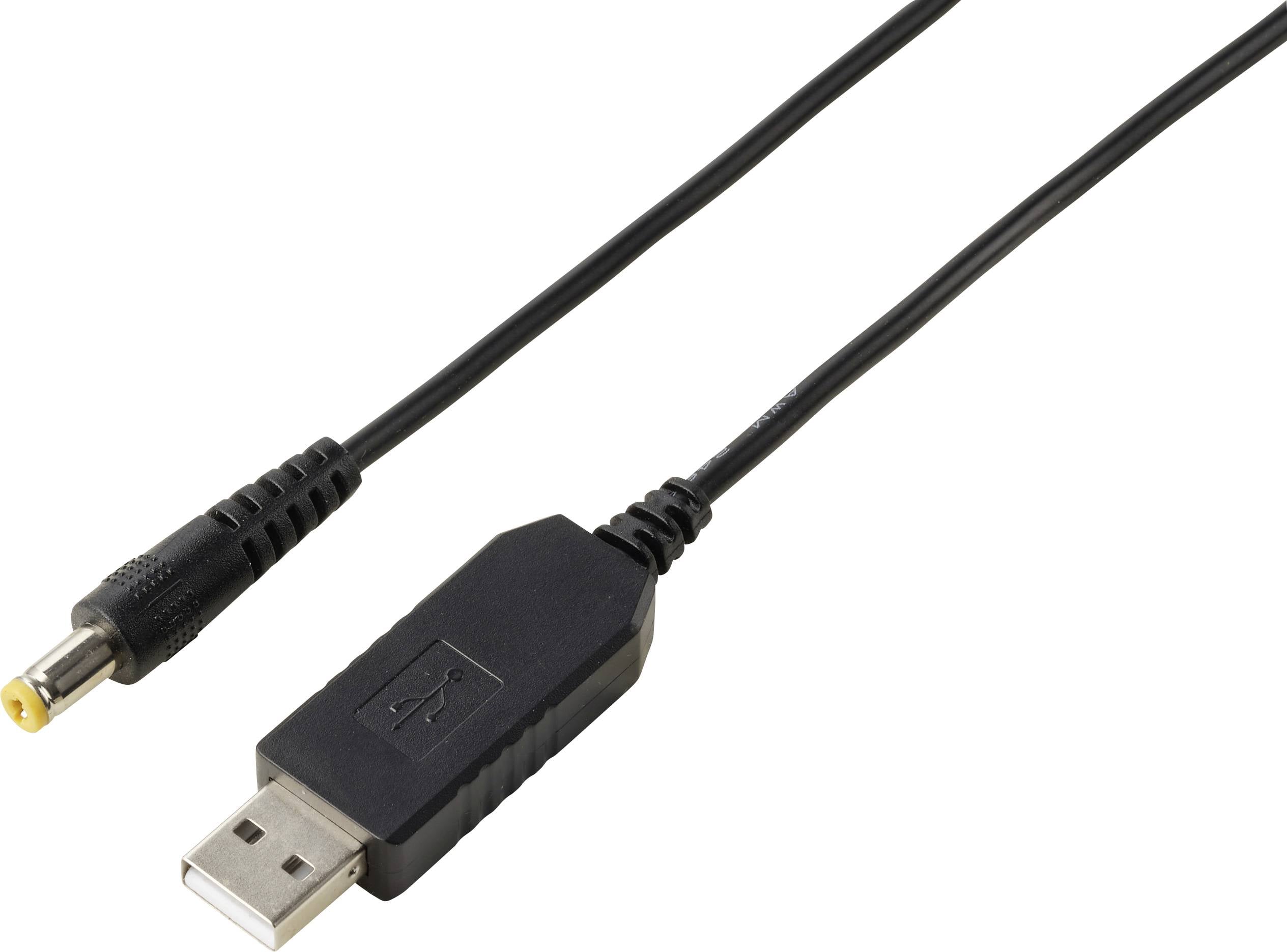 USB kabel se standardní zástrčkou USB-A a malým kulatým konektorem typu barrel na bílém pozadí.