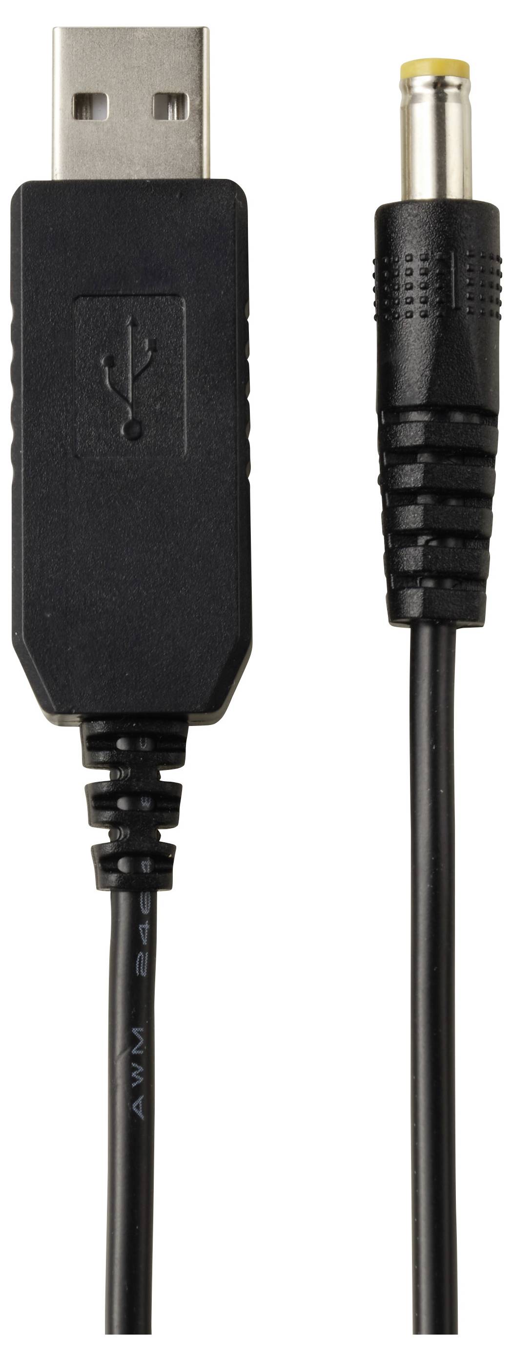 USB kabel s napájením z kulatého konektoru DC se samčím USB konektorem vlevo a barrel konektorem vpravo.