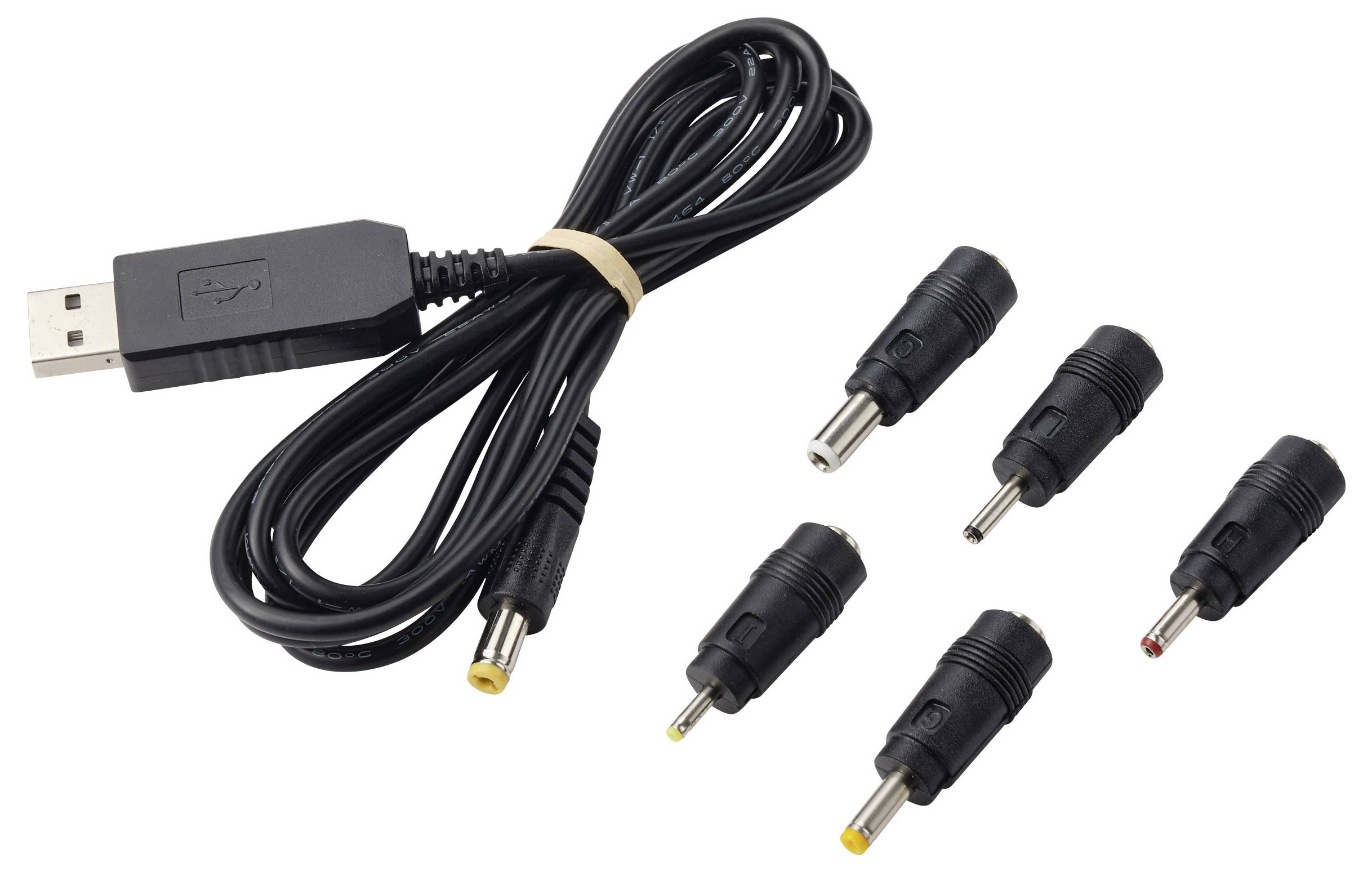 Kabel USB pro nabíjení s konektorem USB-A a pěti vyměnitelnými špičkami adaptéru DC barrel pro napájení zařízení.