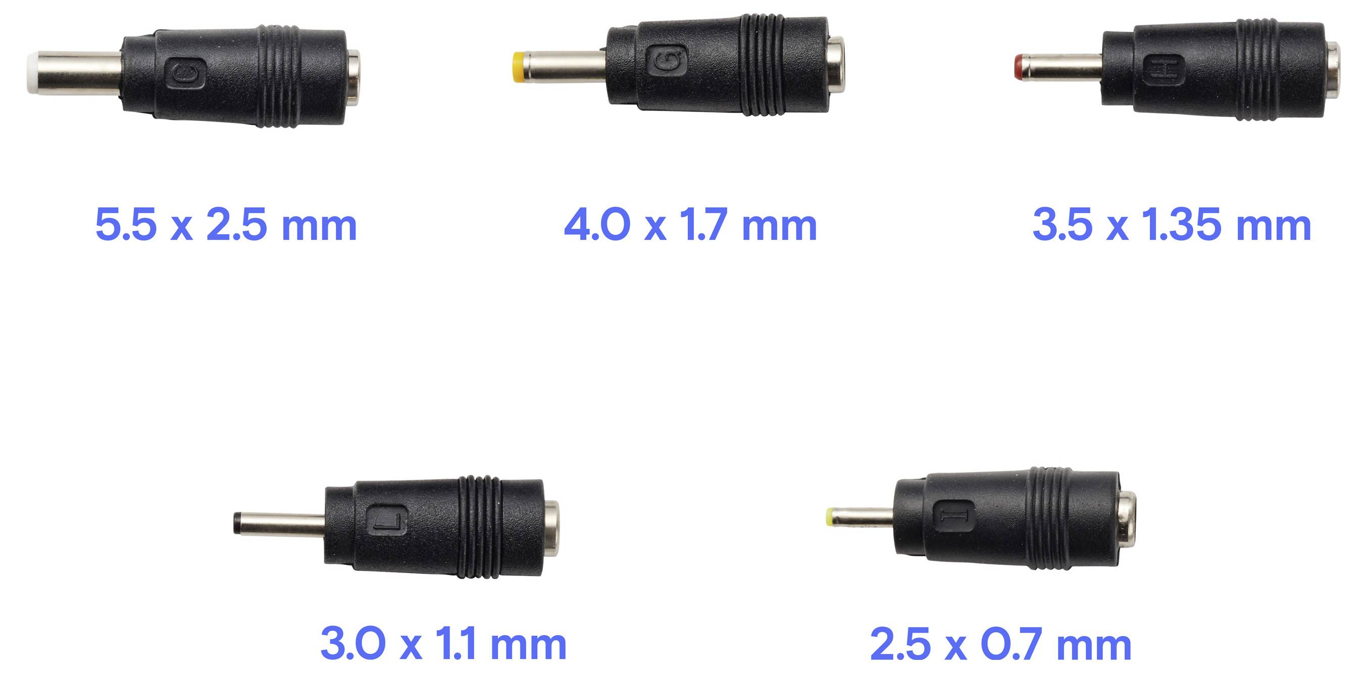 Diagram porovnávající pět DC konektorů s válcovitým tvarem označených podle velikosti: 5,5 x 2,5 mm, 4,0 x 1,7 mm, 3,5 x 1,35 mm, 3,0 x 1,1 mm a 2,5 x 0,7 mm.