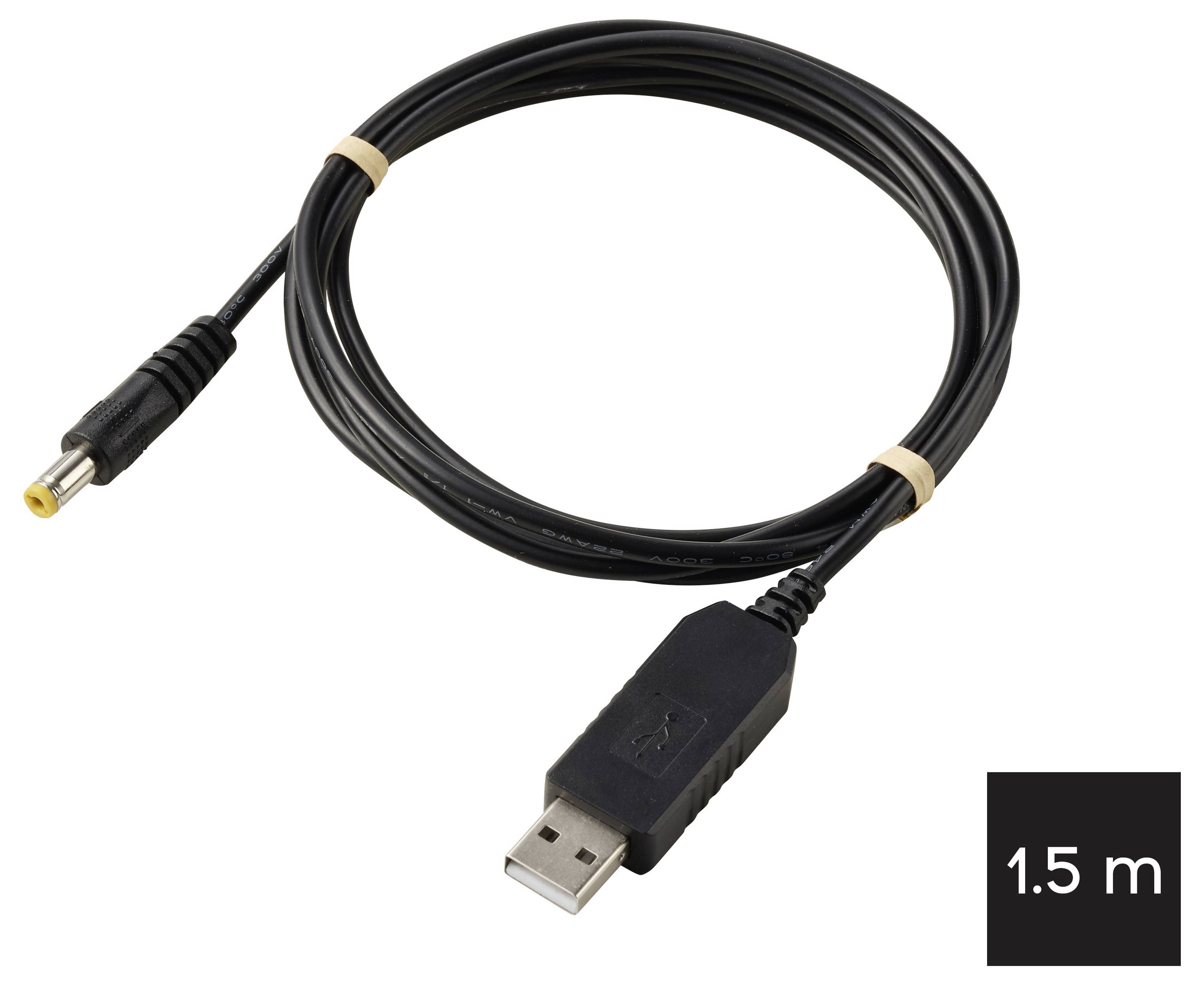 Kabel USB s konektorem USB-A a kulatým napájecím konektorem, označený 1,5 m.