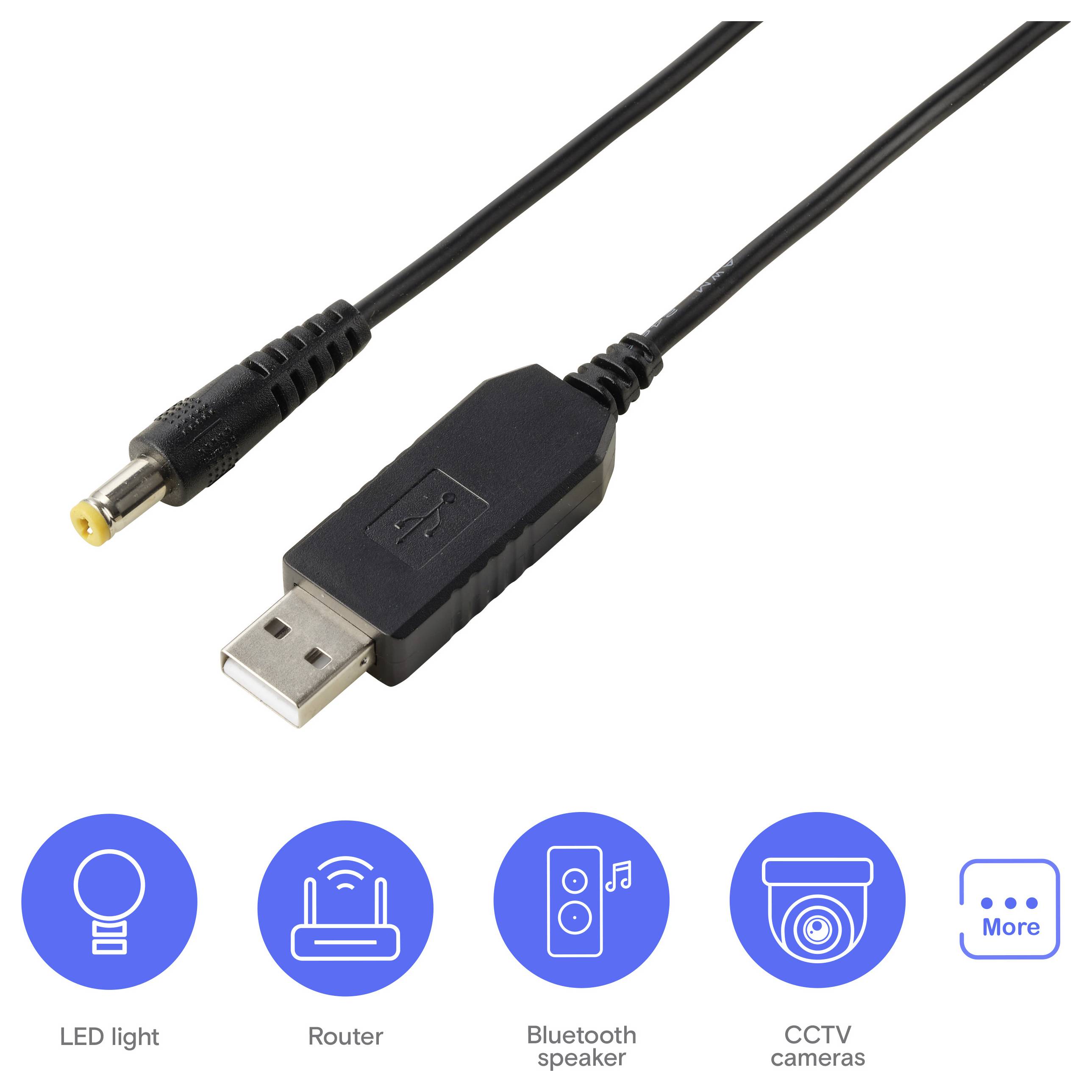Kabel USB s konektorem DC jack a zástrčkou USB-A, s ikonami znázorňujícími zamýšlené použití pro LED světla, routery, Bluetooth reproduktory, kamery CCTV a další.