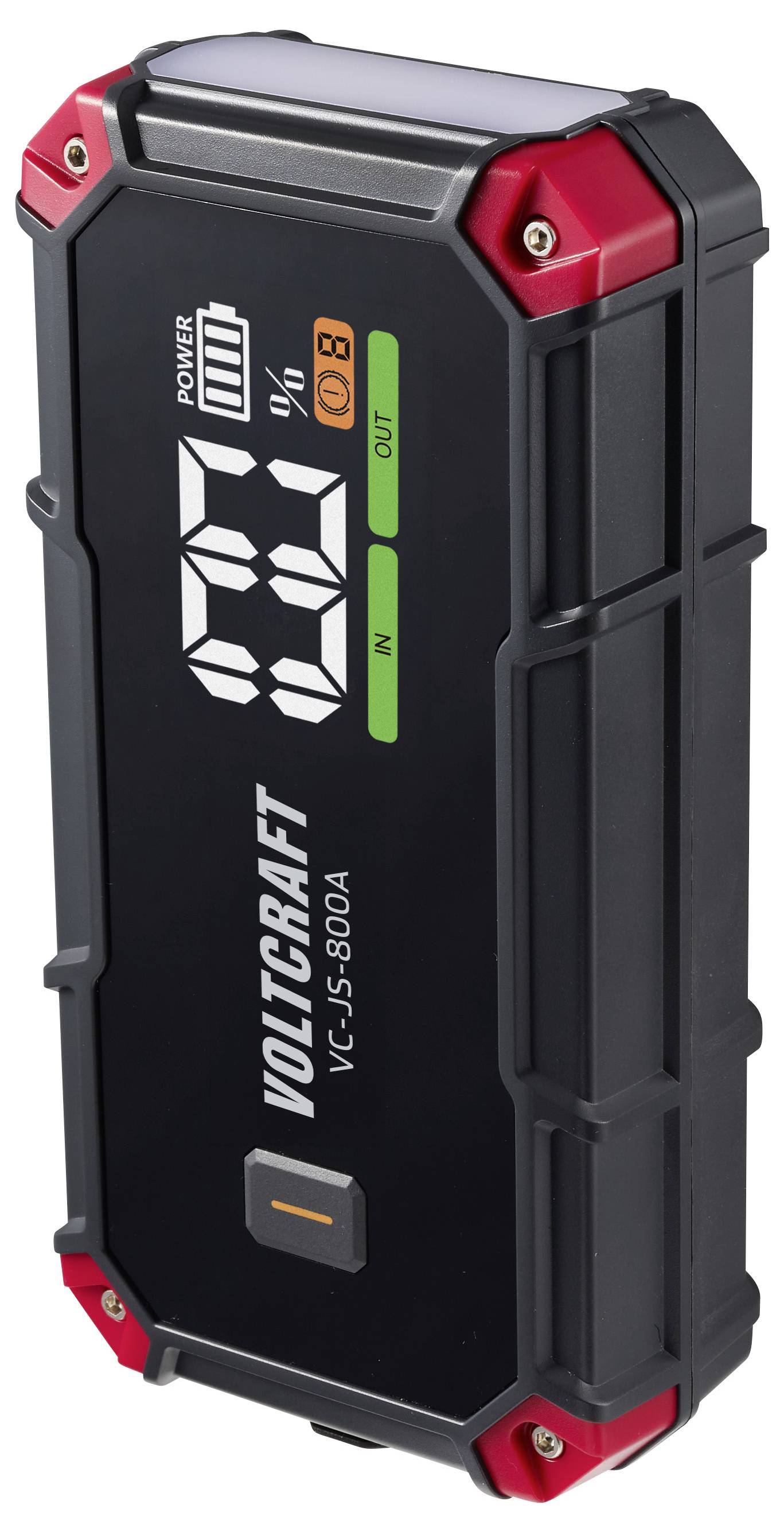 Černá a červená testerka baterií VOLTCRAFT VC-38-600A s digitálním displejem, indikátorem napájení a štítky ON/OFF.