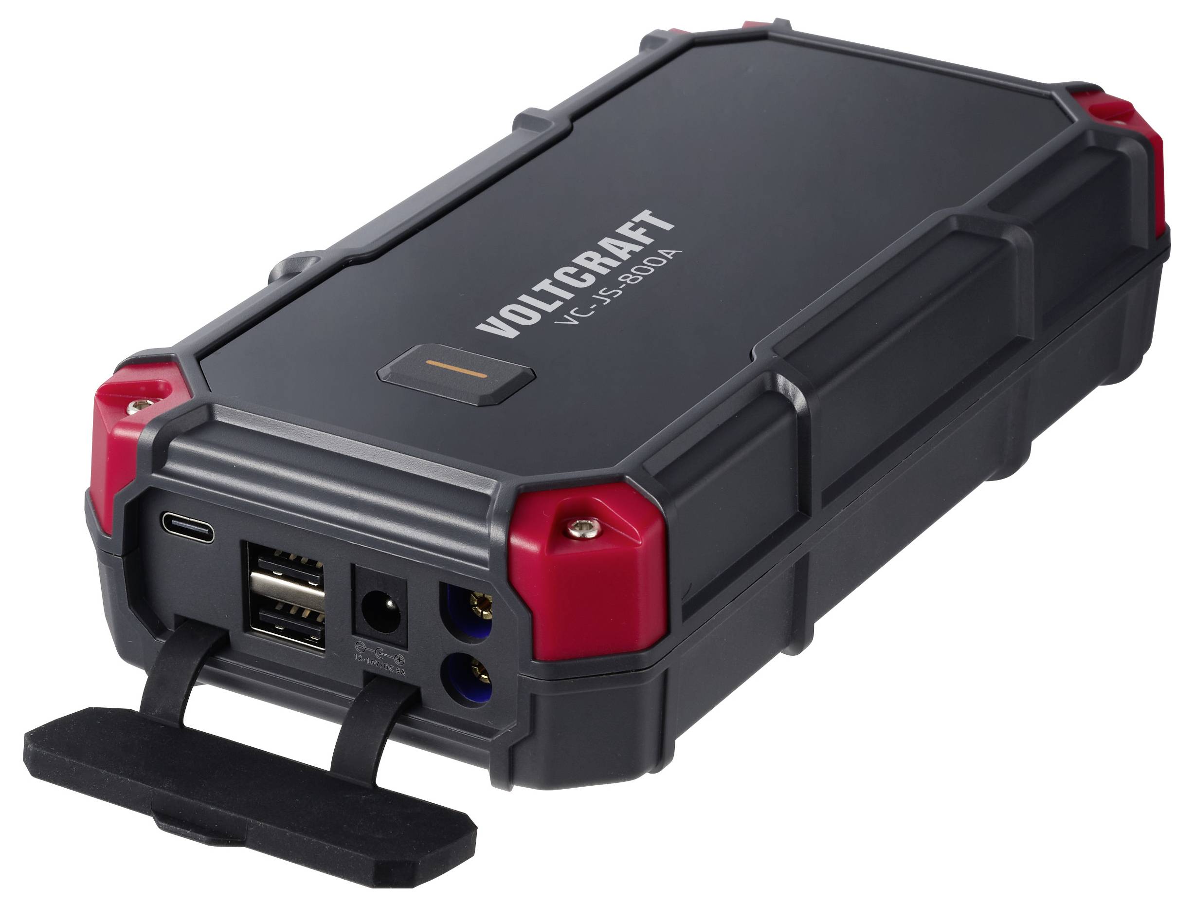 Přenosný balíček VOLTCRAFT VC-5001 s akumulátorem s USB porty, DC vstupními/výstupními konektory a přepravní rukojetí.
