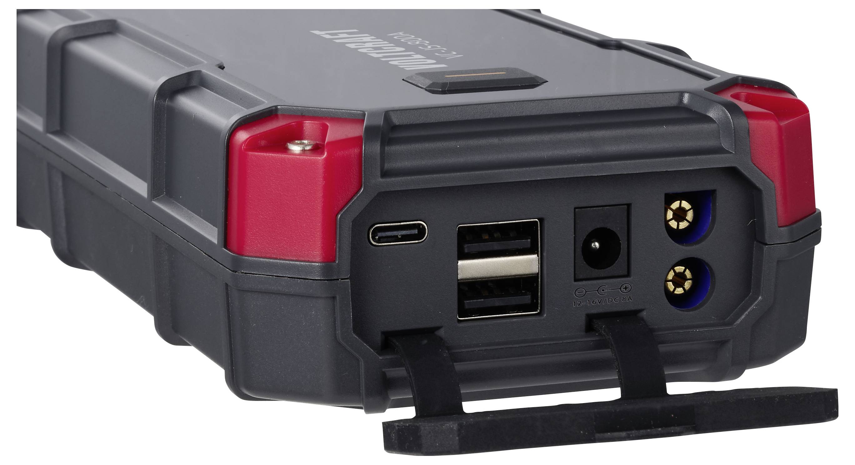 Přenosná bateriová power station s USB-C, duálním USB-A, AC zásuvkou a DC porty, zobrazená na bílém pozadí se sklapovacím madlem.