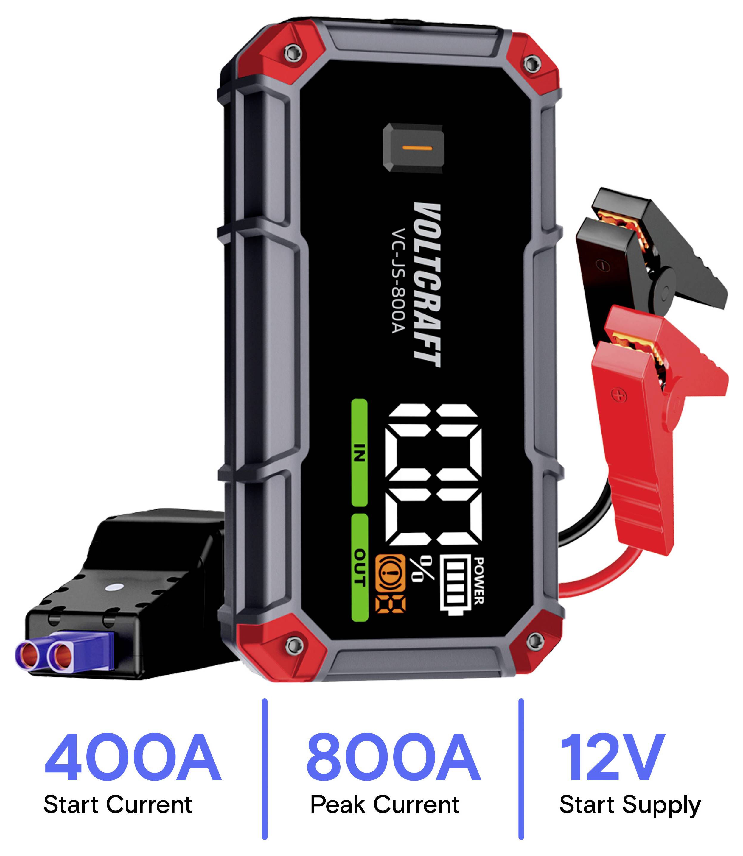 Přenosná startovací pomůcka VOLTCRAFT se sponami, která ukazuje 400A startovací proud, 800A špičkový proud a 12V napájení starteru.