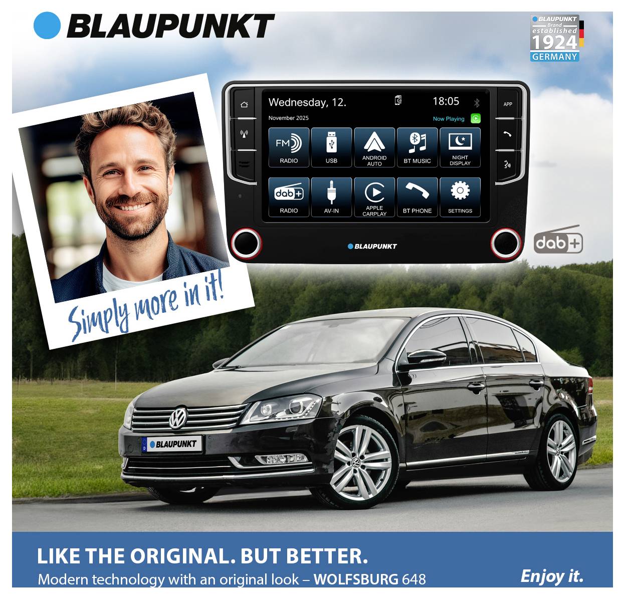 Muž vedle VW Passatu a autoradia Blaupunkt. Text: 'Prostě více v tom!'. Slogan: 'Jako dřív. Jen lépe. Moderní technika v originálním stylu.'