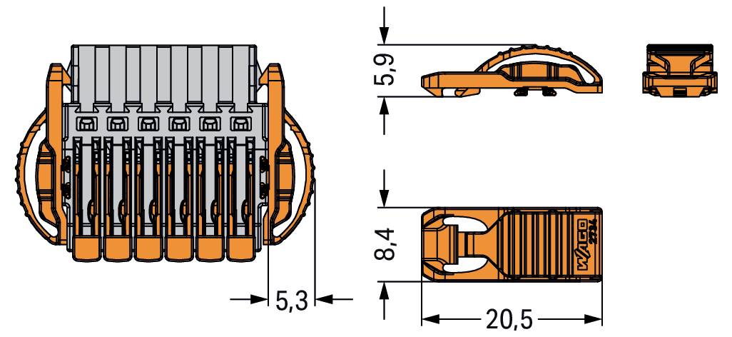 Technický výkres elektrického konektoru s uvedenými rozměry: šířka 5,3 mm, výška 5,9 mm, hloubka 8,4 mm, délka 20,5 mm.