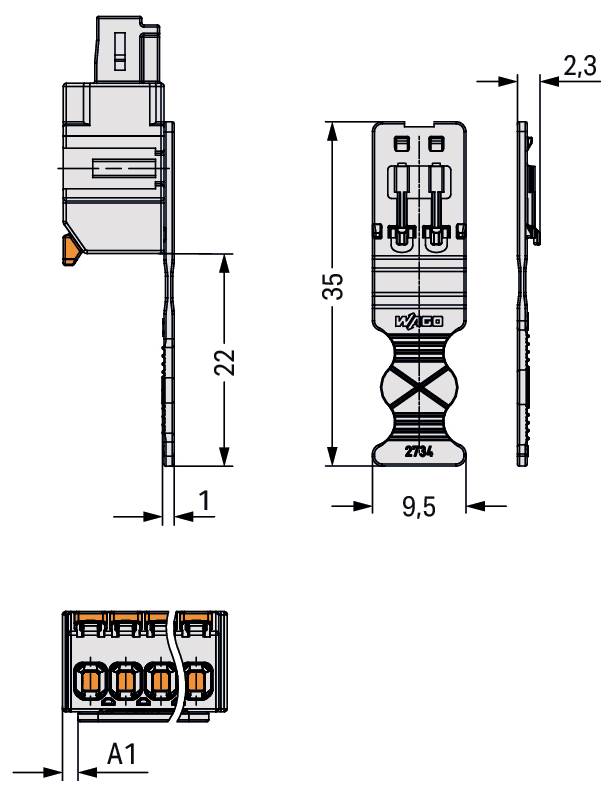 Technický nákres konektoru. Zahrnuje boční, přední a horní pohled s rozměry: 21 mm, 34 mm, 2,3 mm, 6 mm a 1 mm.