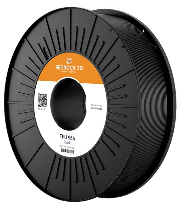 Bedrock 3D TPU 95A Black 3D tiskový filament na cívce, označený 'Vyrobeno v Nizozemsku.'