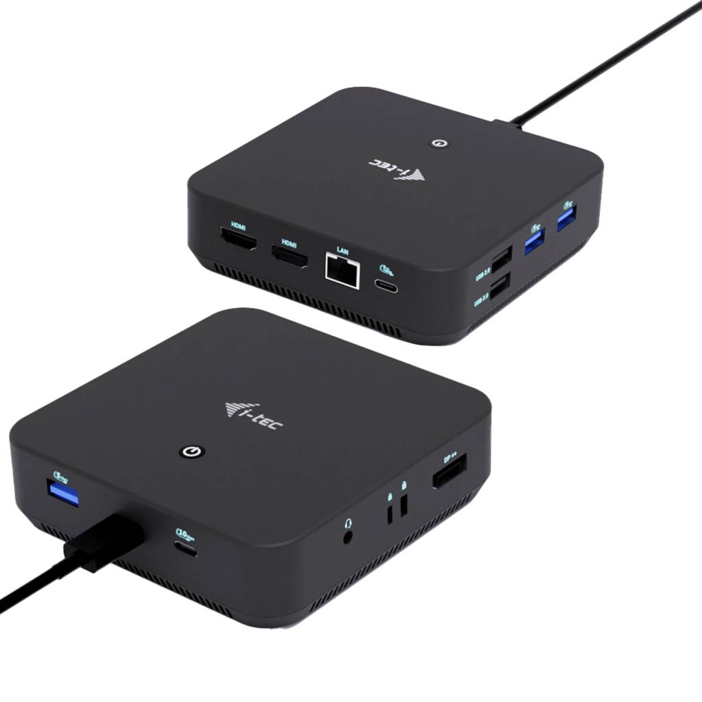 Černá dokovací stanice i-Tec s různými porty včetně USB, HDMI a Ethernetu, která se používá k připojení více zařízení k počítači.