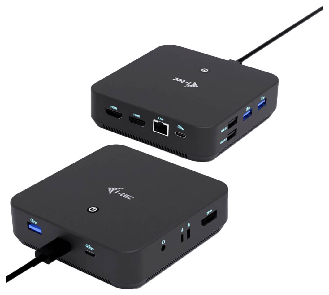 Dvě černé dokovací stanice s více porty včetně USB, HDMI a Ethernetu, připojené pomocí kabelů, zobrazující značku „i-tec".