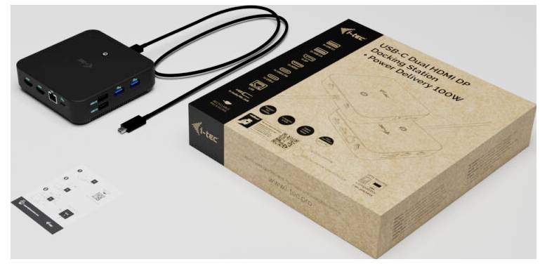 Krabice USB-C dokovací stanice s obrázkem designu hubu. Obsahuje porty pro HDMI, DP a přenosem energie. Kabel připojený k hubu.