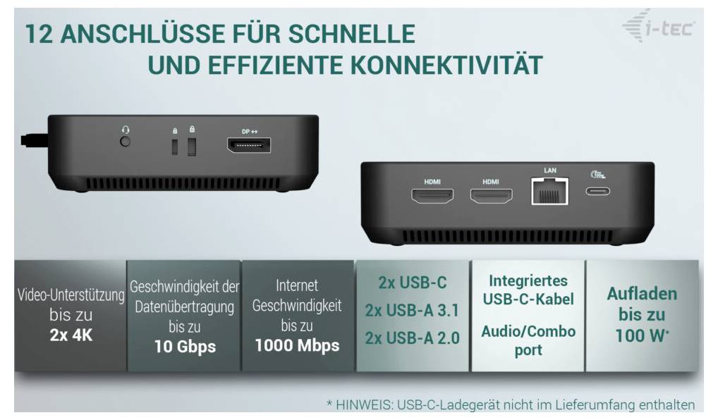 Dokovací stanice s 12 porty pro rychlé a efektivní připojení. Podporuje až 2x 4K video, 10 Gbps datový přenos, 1000 Mbps síť.