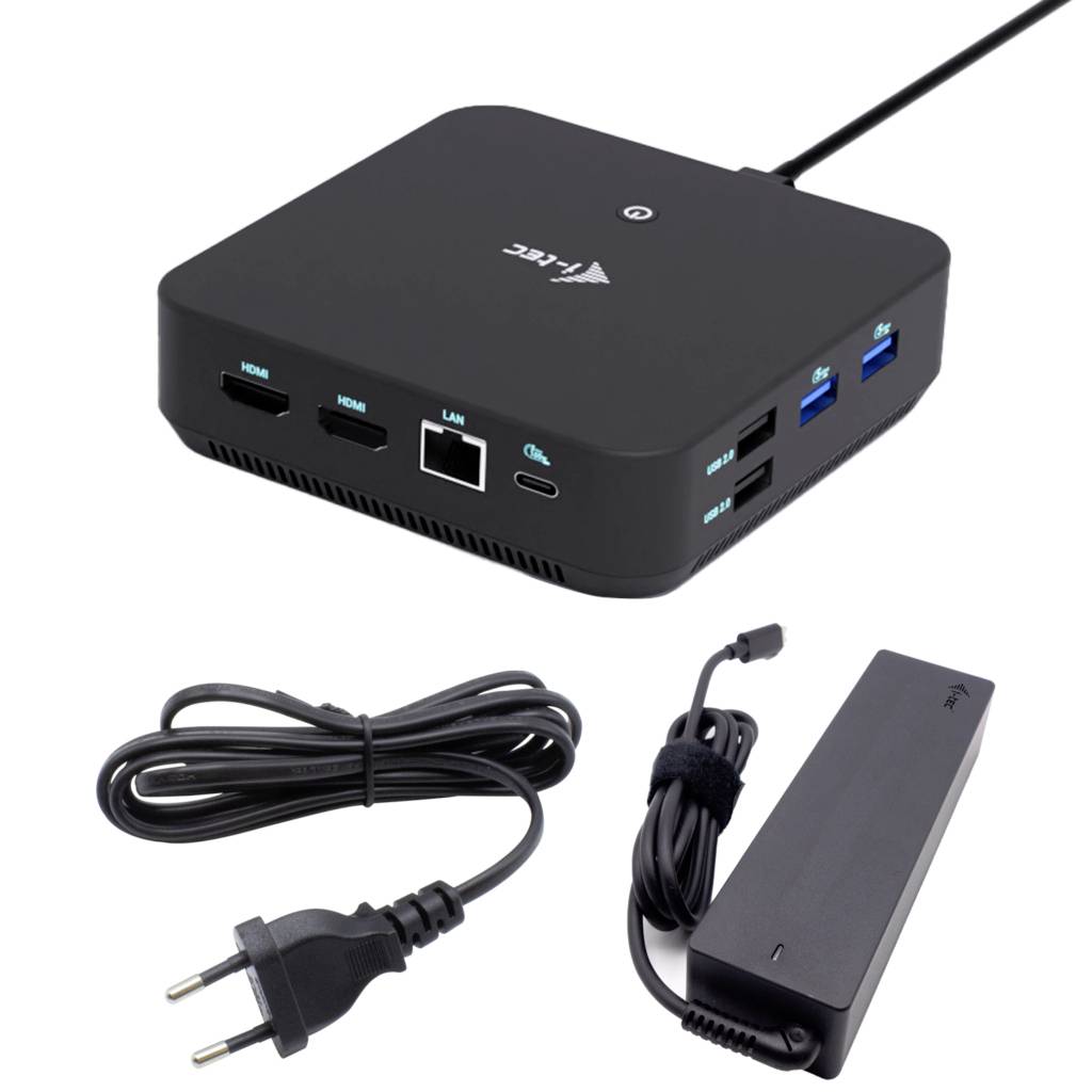 Černá skříňka pro zachytávání AV médií s různými porty, včetně HDMI, LAN a USB, spolu s napájecími kabely a adaptérem.