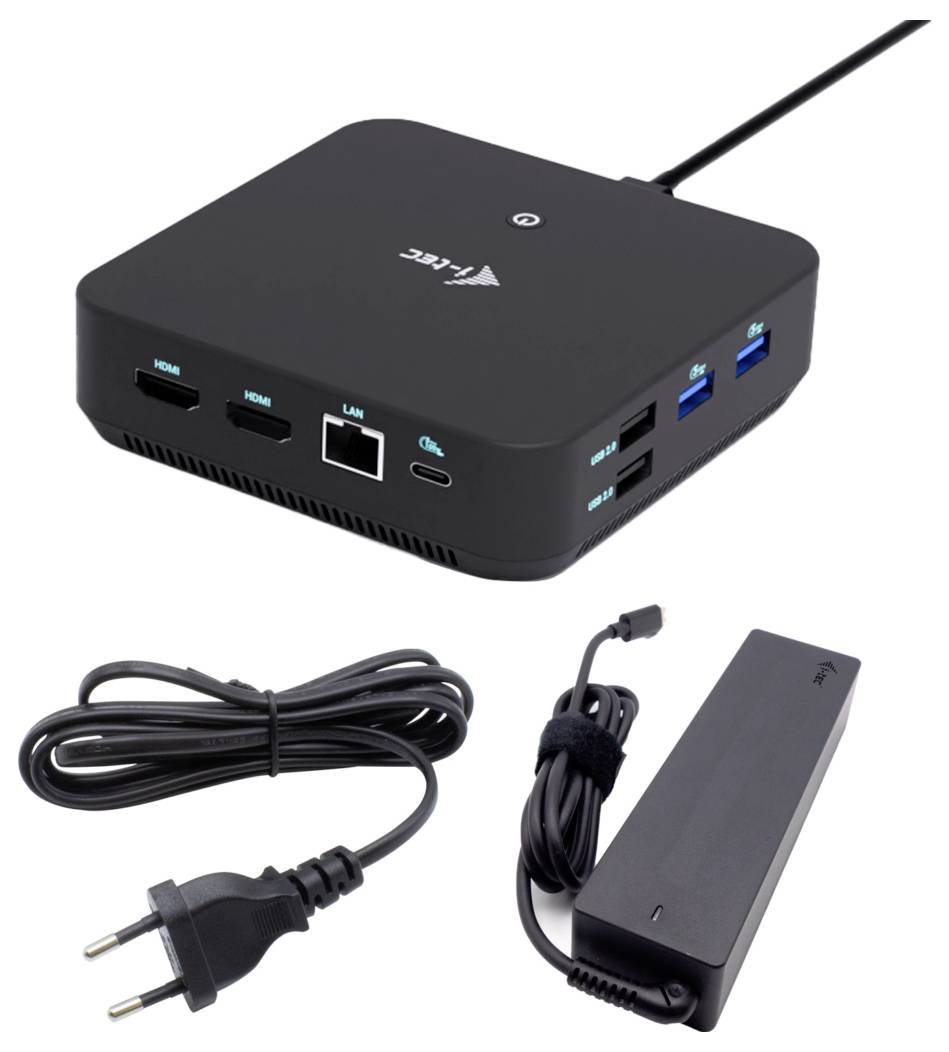 Černá dokovací stanice s více porty, včetně HDMI, USB a LAN, zobrazena s adaptérem napájení a kabelem.