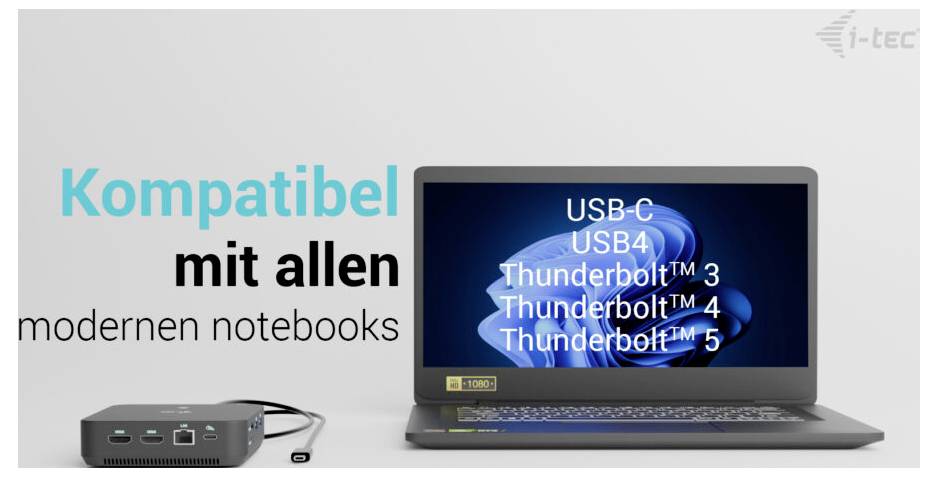 Obrazovka notebooku zobrazuje kompatibilitu s "USB-C, USB4, Thunderbolt 3, 4, 5". Vedle ní se nachází dokovací stanice s více porty. Německý text upozorňuje na kompatibilitu s moderními notebooky.