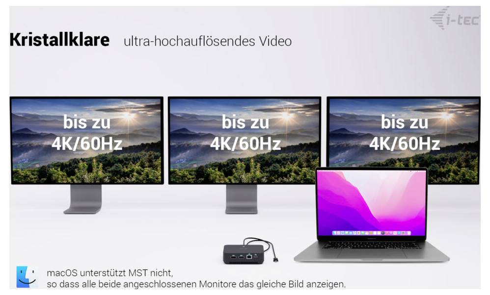 "Křišťálově čisté ultra-vysokorozlišené video" se třemi monitory zobrazujícími "až 4K/60Hz" připojenými k notebooku přes dokovací stanici.