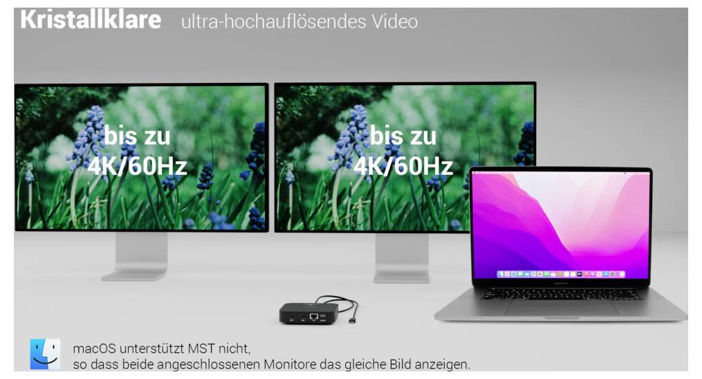 MacBook je připojen ke dvěma monitorům zobrazujícím 'až 4K/60Hz' s dokovací stanicí pod ním. Pozadí ukazuje krajinu.