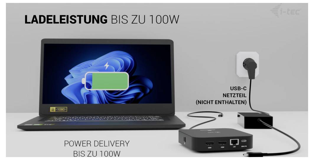 "KAPACITA NABÍJENÍ AŽ 100W" obrazovka notebooku zobrazující ikonu nabíjení z dokovací stanice napájenou "SÍŤOVÝM ADAPTÉREM USB-C".
