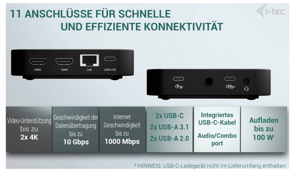 Dokovací stanice i-tec s 11 porty pro rychlé a efektivní připojení včetně HDMI, USB-C a sítě LAN. Podporuje 2x 4K videa.