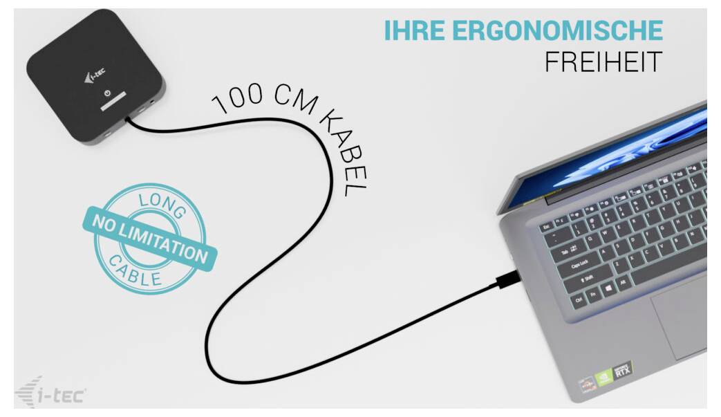 Dlouhý kabel, žádné omezení - kabel dlouhý 100 cm se obrázkem zobrazujícím laptop připojený k malému černému zařízení, s důrazem na ergonomickou svobodu.