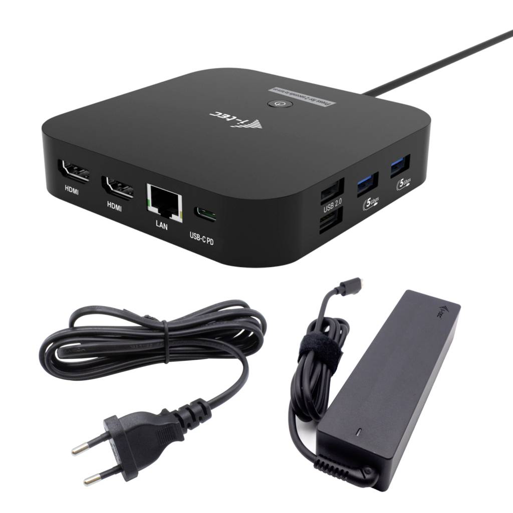 Černá multifunkční docking stanice se dvěma porty HDMI, LAN, USB-C PD, dvěma porty USB 3.0 a portem USB-C, zobrazená spolu s napájecím adaptérem a kabelem.