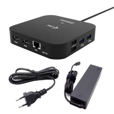 Černá multifunkční docking stanice se dvěma porty HDMI, LAN, USB-C PD, dvěma porty USB 3.0 a portem USB-C, zobrazená spolu s napájecím adaptérem a kabelem.