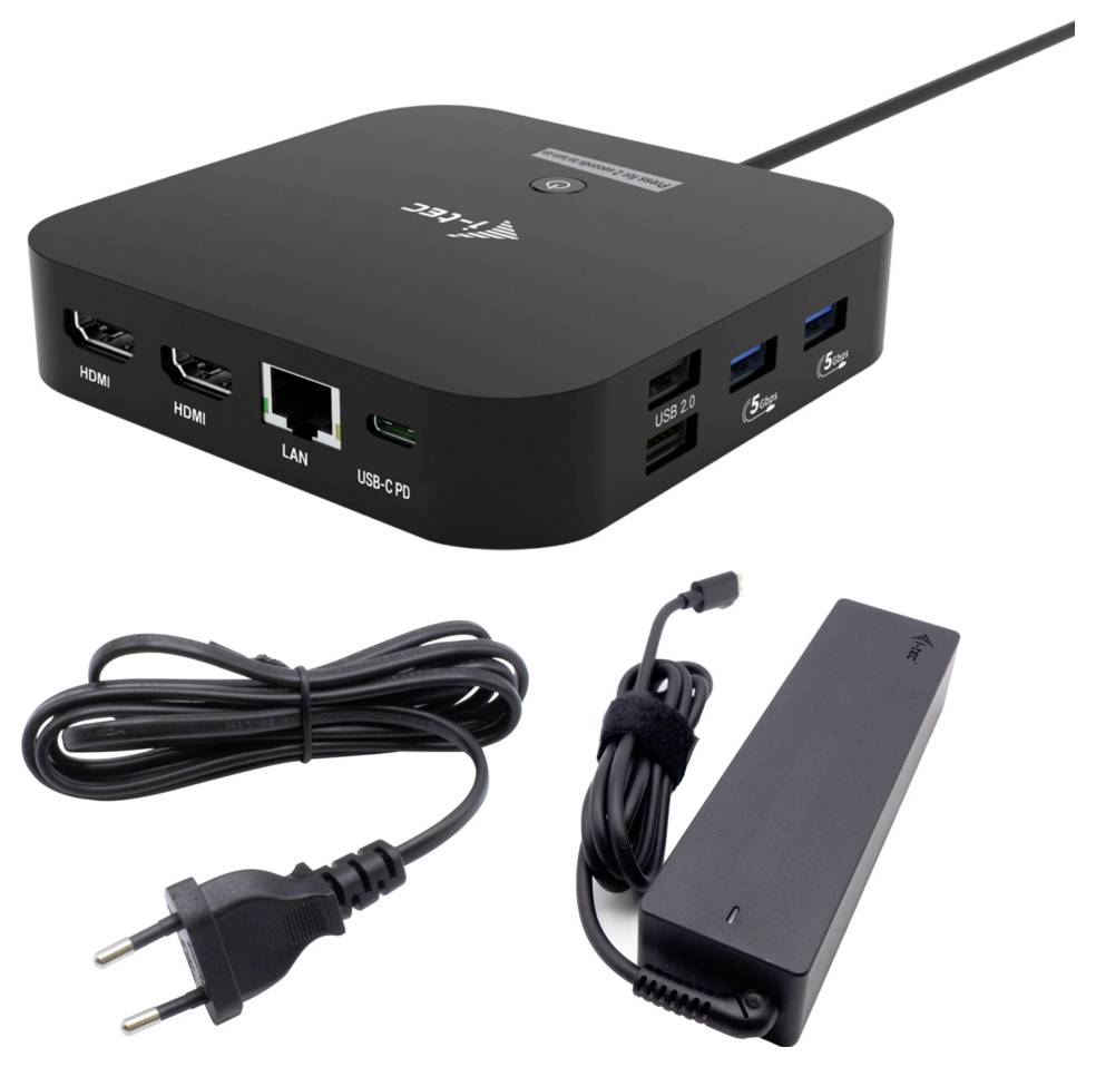 Černá docking stanice se dvěma porty HDMI, porty USB a LAN, adaptérem a napájecím kabelem.
