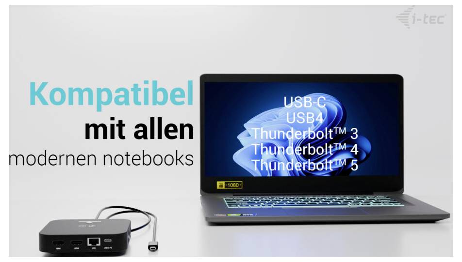 Přenosný počítač s zobrazeným textem "Kompatibel mit allen modernen notebooks". Text zní: "USB-C", "USB4", "Thunderbolt 3", "Thunderbolt 4", "Thunderbolt 5". Vedle něj je dokovací stanice.