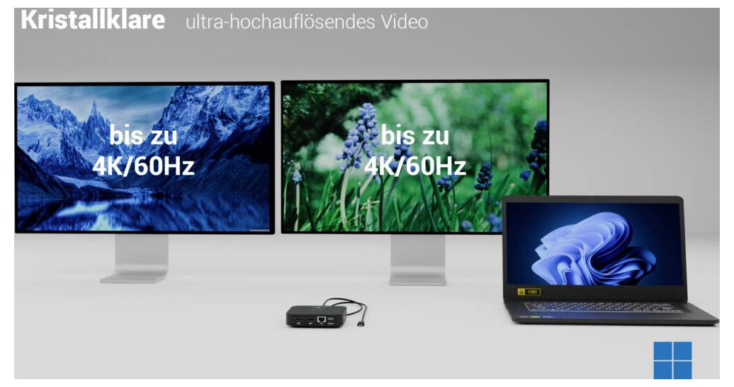 'Křišťálově čisté ultra-vysokorozlišené video' zobrazující dva monitory s vyobrazeným 'až 4K/60Hz' s připojeným notebookem a dokovací stanicí.