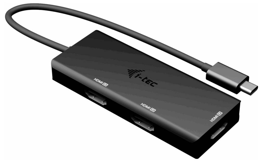 Černý adaptér i-tec HDMI se třemi porty HDMI a konektorem USB-C, určený pro připojení více displejů k zařízení.