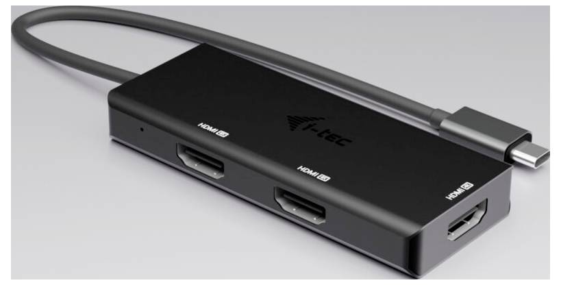 Černý adapter i-tec s HDMI zobrazující tři porty HDMI a jeden konektor USB-C, navržený pro připojení více zařízení.