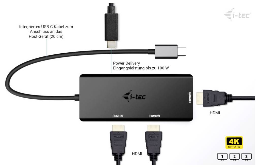 i-tec USB-C hub s integrovaným kabelem, porty HDMI a dodávkou energie až do 100W. Součástí balení je kabel HDMI a označení 4K Ultra HD.