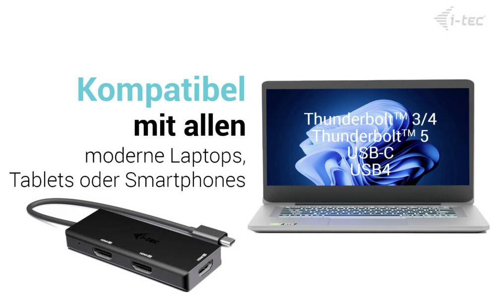 Notebook s textem "Thunderbolt™ 3/4, Thunderbolt™ 5, USB-C, USB4". Adaptér vedle notebooku. Text: "Kompatibilní se všemi moderními notebooky, tablety nebo chytrými telefony."