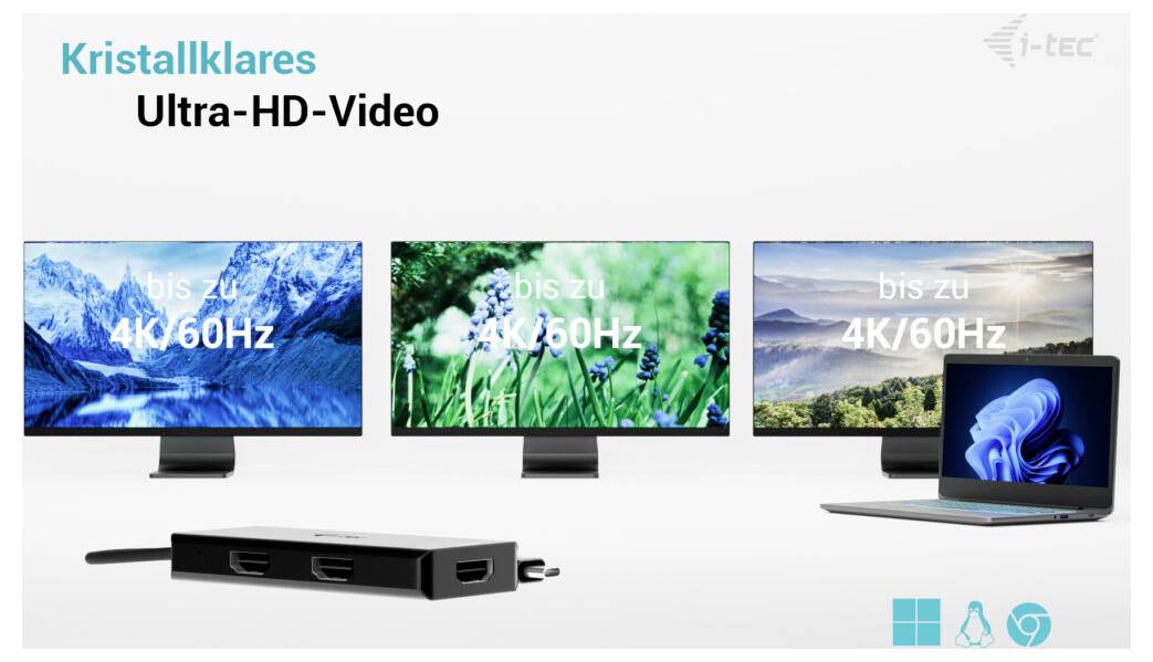 "Křišťálově čisté Ultra-HD video" v modrém textu nad třemi monitory zobrazujícími "až 4K/60Hz", připojené k notebooku prostřednictvím dokovací stanice.