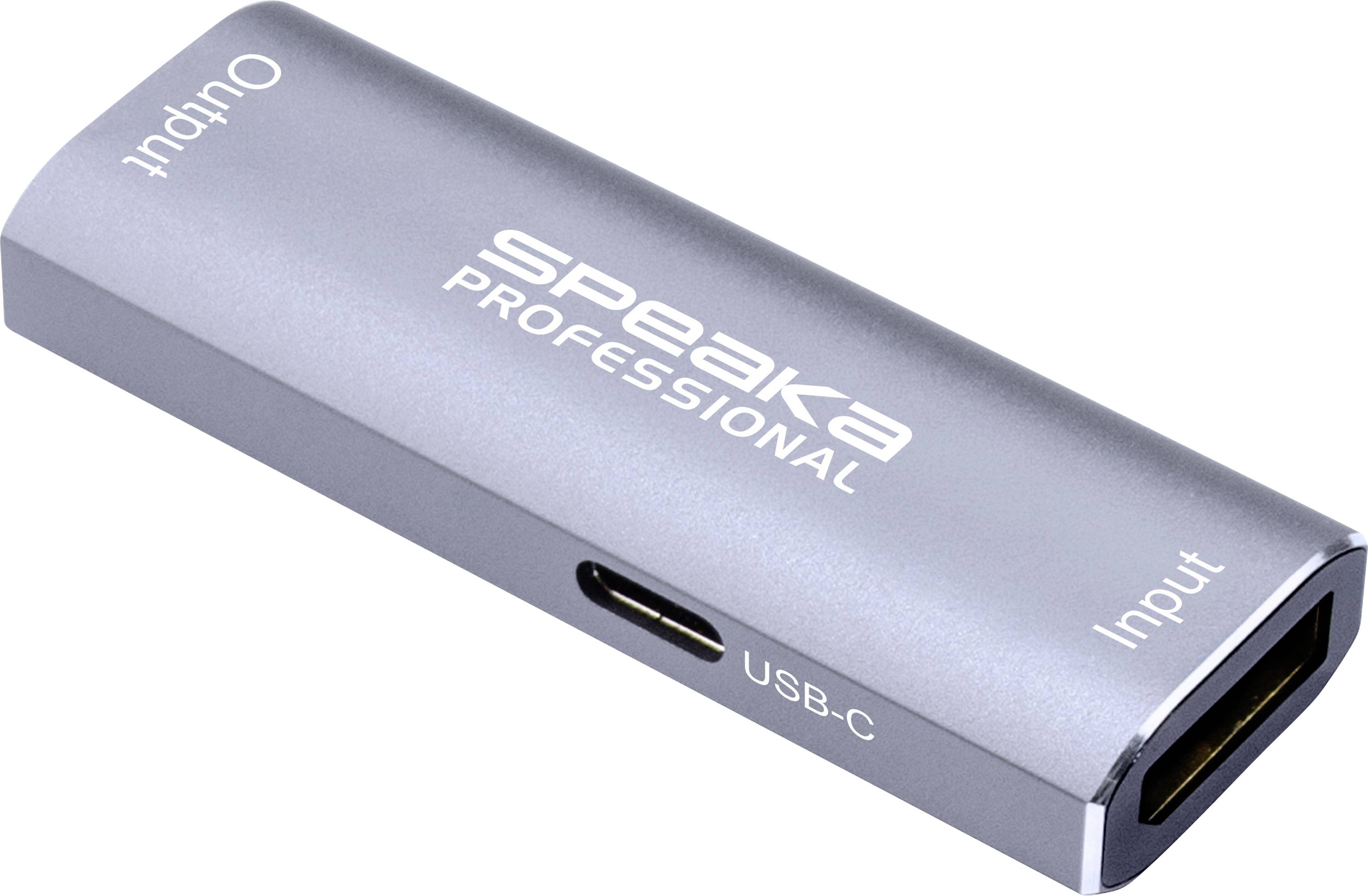 Stříbrný SpeaKa Profesionální adaptér USB-C se označeným vstupem, výstupem a portem USB-C na bílém pozadí