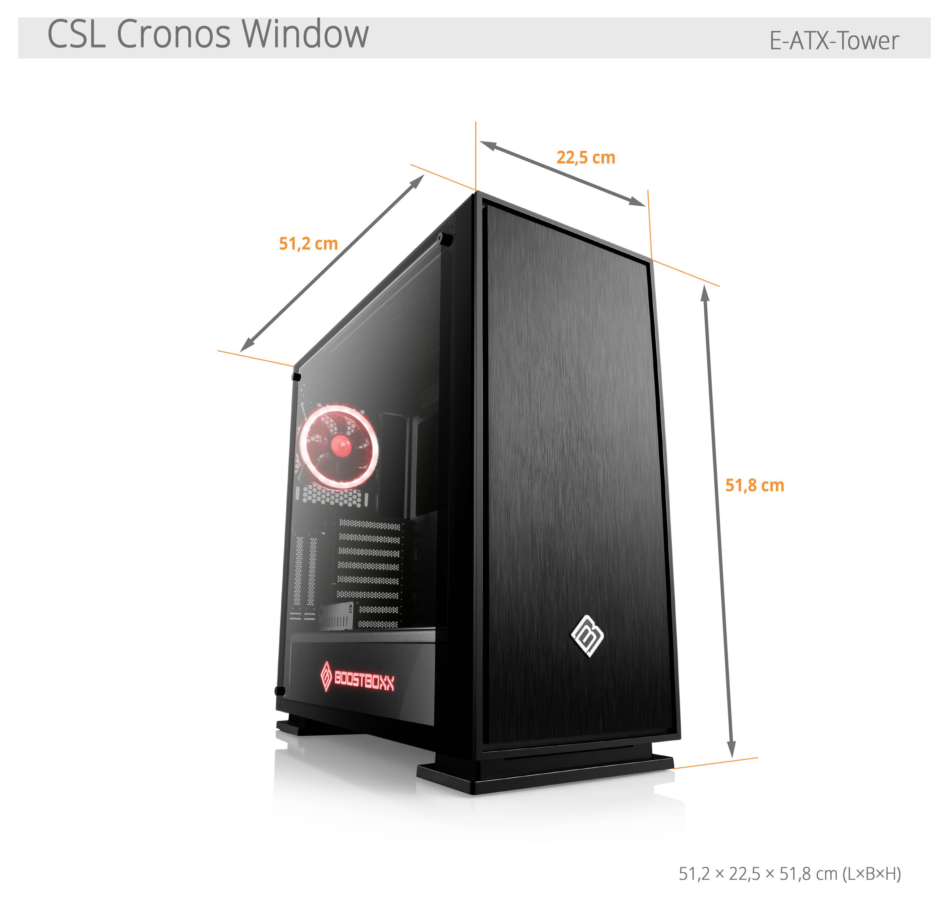 'CSL Cronos Window E-ATX-Tower' rozměry: 51,2 x 22,5 x 51,8 cm (DxŠxV). Černá skříň s bočním oknem a viditelnými ventilátory v zadní části.