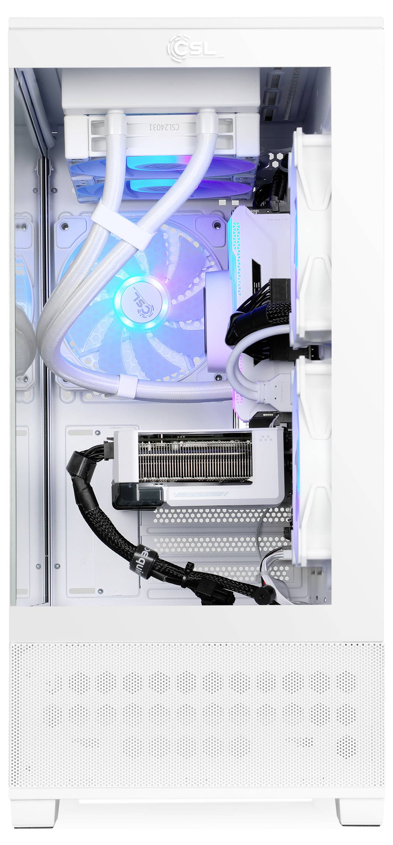 Interiér bílé počítačové skříně s kapalným chladicím systémem s RGB osvětlením, nápadnými ventilátory a úhledně uspořádanými komponenty.