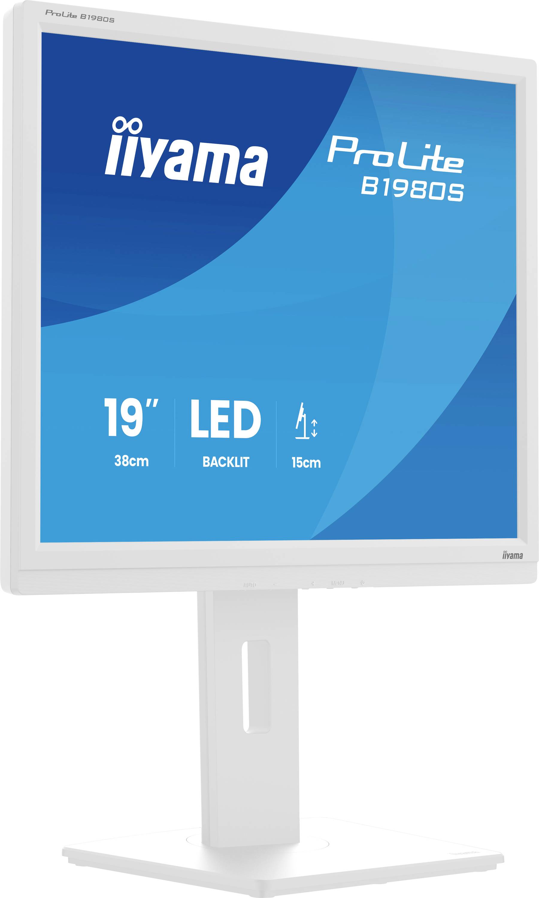19" LED monitor, model ProLite B1980S od společnosti iiyama, s nastavitelným stojanem. Mezi funkce patří velikost obrazovky 38cm a nastavení výšky 15cm.
